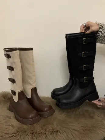 棕色长筒靴女2023年新款甜酷风西部牛仔靴子爆款粗跟复古高筒长靴图片