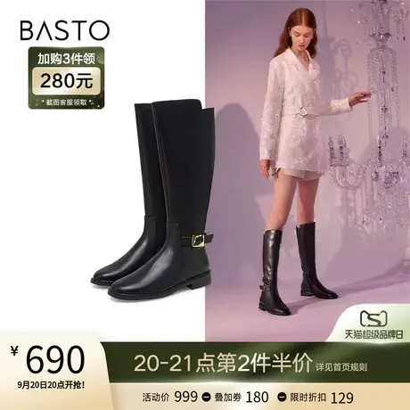 百思图冬季商场同款时尚潮流粗跟骑士靴长筒靴女长靴AX209DG2商品大图