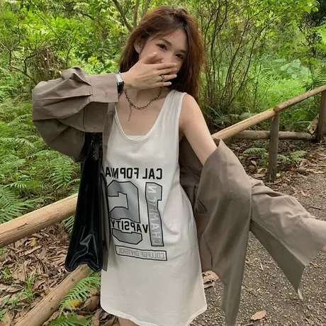 纯棉港风吊带运动坎肩背心无袖t恤女夏季外穿篮球服宽松挂脖上衣图片