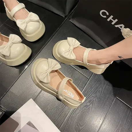 英伦风小皮鞋女2024新款春夏蝴蝶结大头鞋松糕厚底圆头玛丽珍单鞋图片