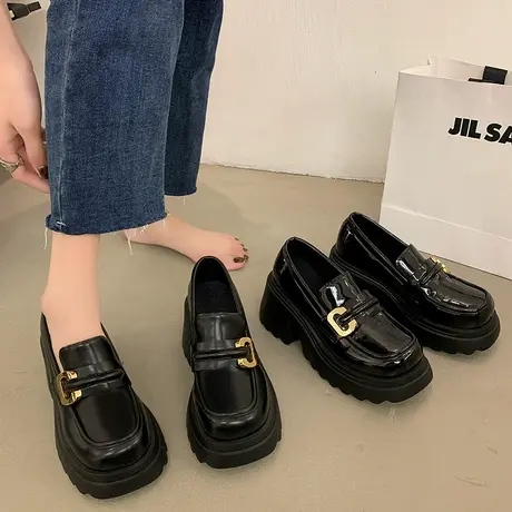 黑色乐福鞋女春秋季2024年新款女鞋英伦风单鞋高跟鞋子厚底小皮鞋图片