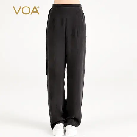 VOA30姆米重磅桑蚕丝黑色自然腰腰带口袋百搭通勤简约真丝直筒裤商品大图