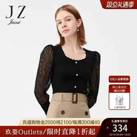 JZ玖姿官方奥莱网纱蕾丝拼接毛衫女春秋低圆领小衫修身针织衫商品大图