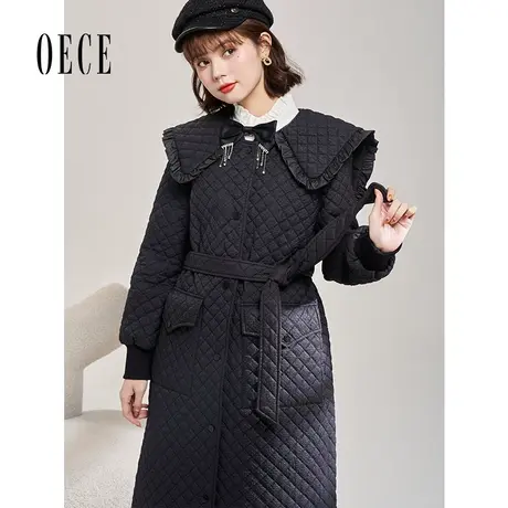 Oece复古设计感棉衣冬季新款女装气质收腰中长款棉外套图片