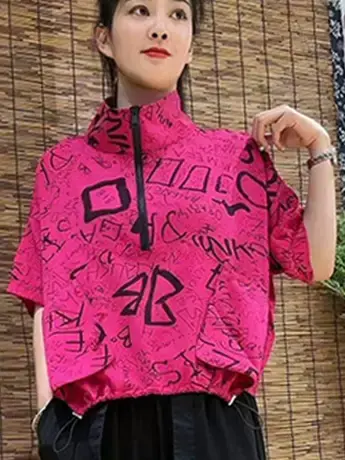 2023夏季新款大口袋半拉链上衣休闲宽松百搭印花短袖T恤时尚半袖商品大图