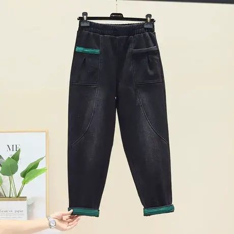 加绒款翻边黑色哈伦裤女秋冬新款高腰显瘦九分休闲牛仔裤垮裤大码商品大图