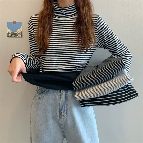 加厚加绒长袖T恤女秋冬2023新款德绒洋气内搭高领条纹打底衫上衣商品大图