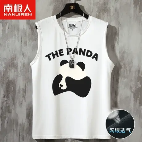 无袖t恤男潮牌白色熊猫冰丝运动网眼打底加大码胖子速干砍袖背心图片