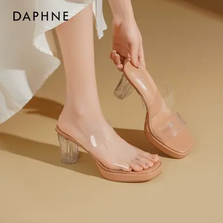达芙妮透明高跟鞋凉鞋女2025年夏季新款女鞋法式粗跟水晶凉拖鞋女图片