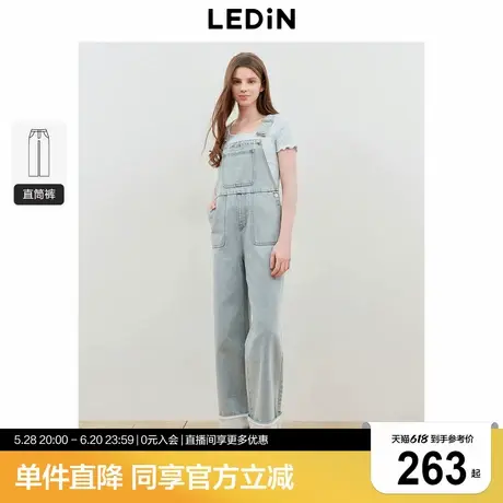 乐町韩系少女水洗牛仔背带裤2025春季新款蕾丝拼接复古休闲百搭裤图片