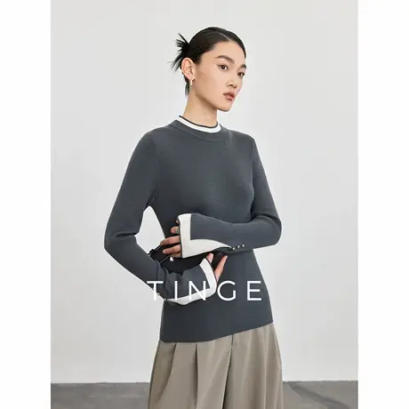 TINGE贴己打底针织衫女2025年早春新款设计感简约中高领长袖毛衣图片