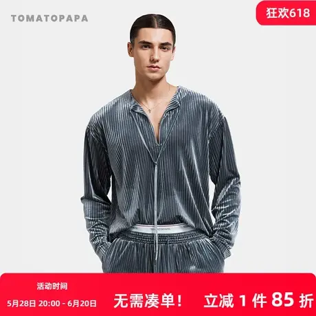 TOMATOPAPA意式领丝绒居家套装宽松开领丝带性感柔软家居男女睡衣商品大图