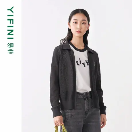 [专柜同款]Yifini/易菲简约翻领镂空毛衫女宽松针织衫外套春秋新商品大图