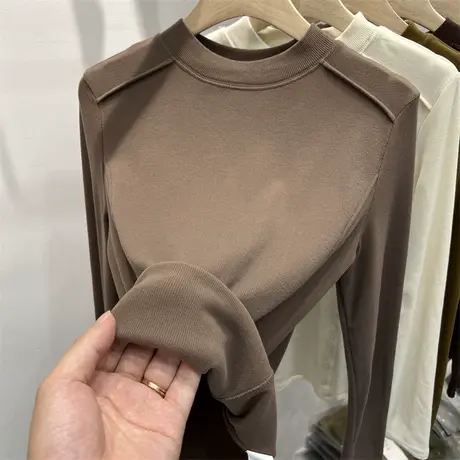 纯色简约薄绒长袖T恤女秋冬季修身显瘦内搭打底衫上衣服洋气减龄商品大图