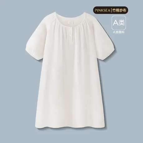睡衣女款夏新款A类竹棉纱布短袖女士家居服夏季宽松纯欲白色睡裙商品大图