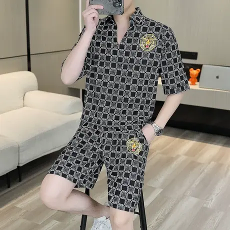短袖POLO衫套装男士夏季冰丝透气薄款V领短裤两件装一套潮牌男装图片