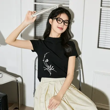 唐狮国风刺绣短袖T恤女新中式正肩新款夏季设计感别致上衣商品大图