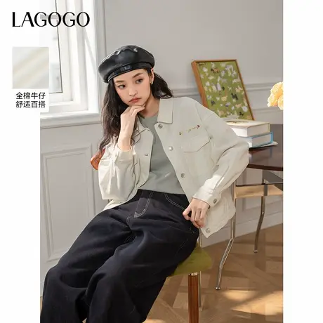 LAGOGO丹宁纯棉牛仔外套女拉谷谷2025年春季新款米白色休闲上衣商品大图
