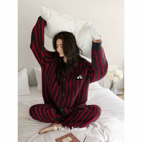 贝妍珊瑚绒睡衣女秋冬新款安哥拉红家居服撞色条纹保暖半边绒套装商品大图