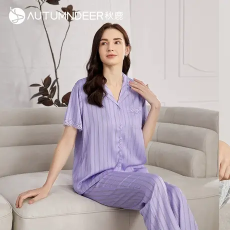 秋鹿冰丝睡衣女款夏天薄款短袖气质条纹丝绸家居服女夏可外穿套装商品大图