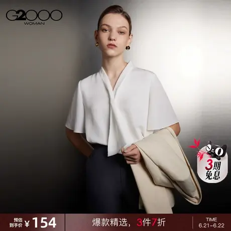 G2000女装领带装饰商场新款短袖休闲舒适荷叶边飞袖淑女衬衫图片