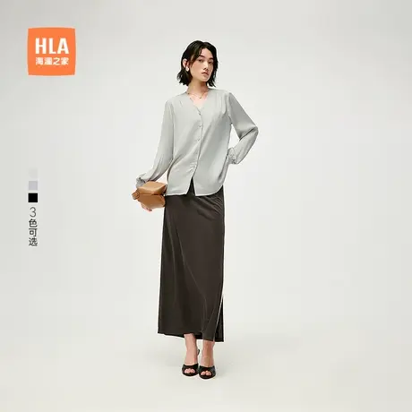 HLA/海澜之家休闲宽松通勤V领长袖衬衫25春夏新显瘦微弹衬衣女装商品大图