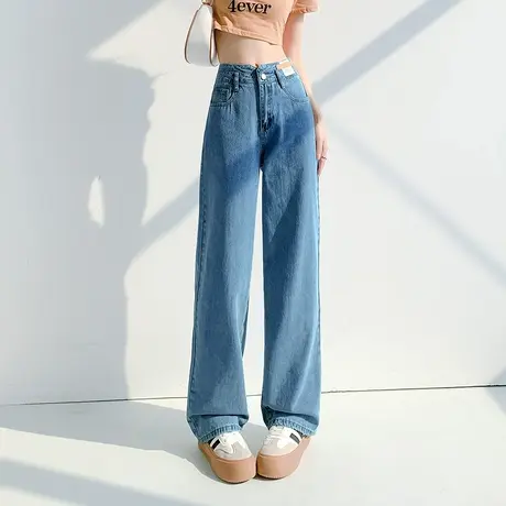 唐狮春夏季新款女牛仔裤高腰阔腿裤复古显瘦直筒拖地裤子女图片