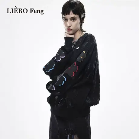 裂帛LIEBOFeng设计师品牌chic宽松遮肉慵懒风时髦小个子黑色卫衣图片