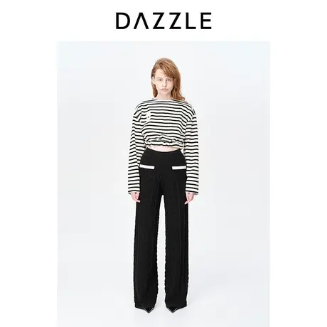 DAZZLE地素奥莱23春装新款法式简约黑色条纹短款长袖T恤内搭上衣图片
