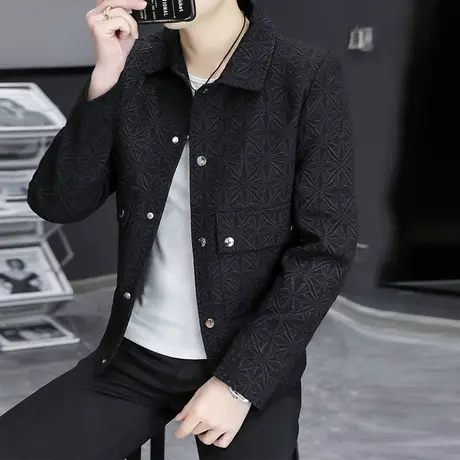 2023春秋美式男士夹克翻领格子潮流修身短款风衣外套高端帅气上衣商品大图