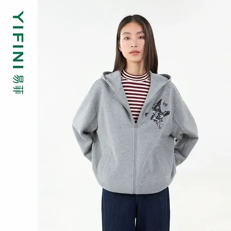 [专柜同款]Yifini/易菲宽松两毛银丝针织卫衣女百搭通勤时尚外套商品大图