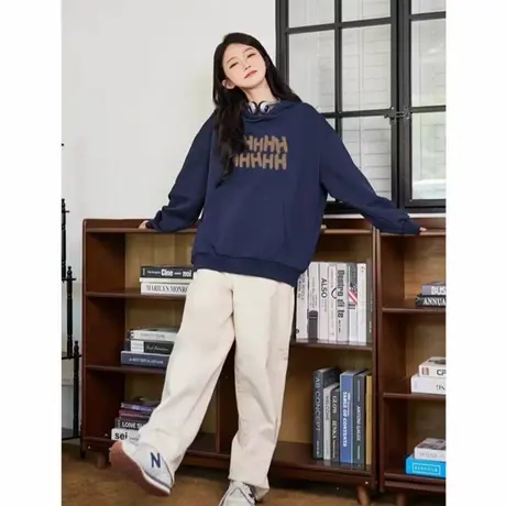 连帽卫衣女字母印花美式2025秋冬季宽松加绒慵懒中长款连帽衫潮流商品大图