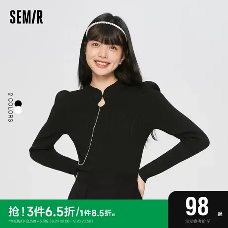 森马针织衫女盘扣泡泡袖修身百搭2022冬季新款甜美个性套头衫国潮图片