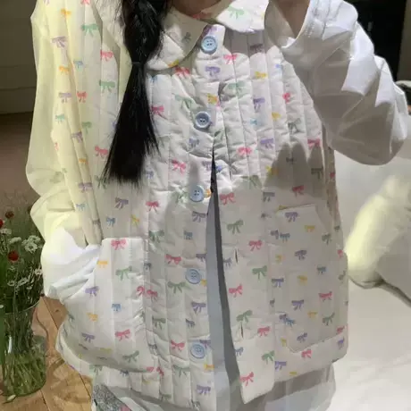 秋冬款可爱奶油蝴蝶结居家马甲少女娃娃领加厚可外穿棉服休闲家居商品大图