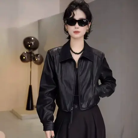 翻领气质减龄百搭撞色短款皮衣外套女2025秋季设计感休闲夹克上衣商品大图