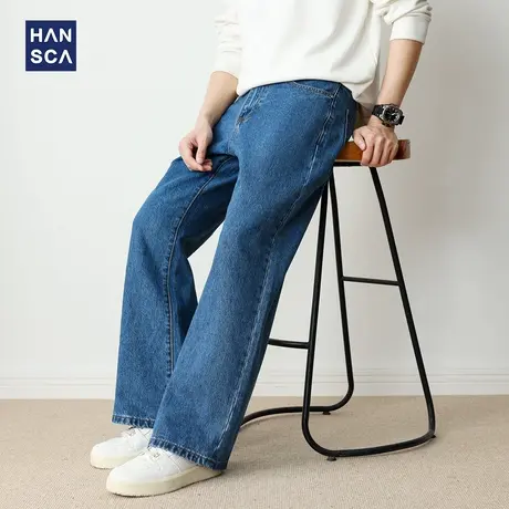 hansca宽松阔腿直筒牛仔裤2025新款男男潮牌高端秋季纯棉喇叭长裤商品大图