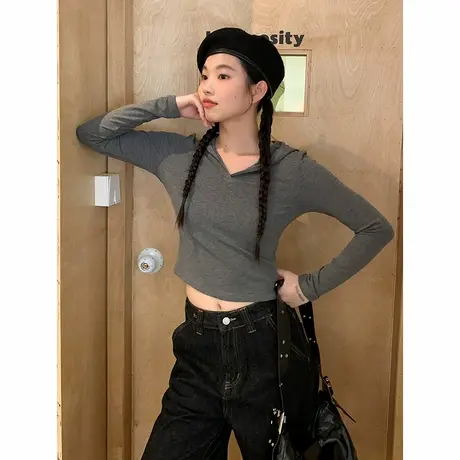KV真维斯灰色连帽显瘦收腰打底衫女早秋新款亲肤通勤百搭长袖上衣商品大图