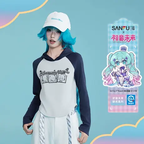 【初音未来联名】三福2025秋季印花连帽插肩袖长T恤女508743商品大图