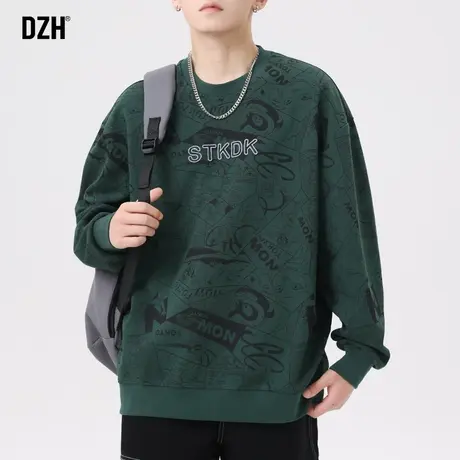 青少年绿色潮牌满印卫衣外套男春秋季情侣装秋款男款上衣宽松长袖商品大图