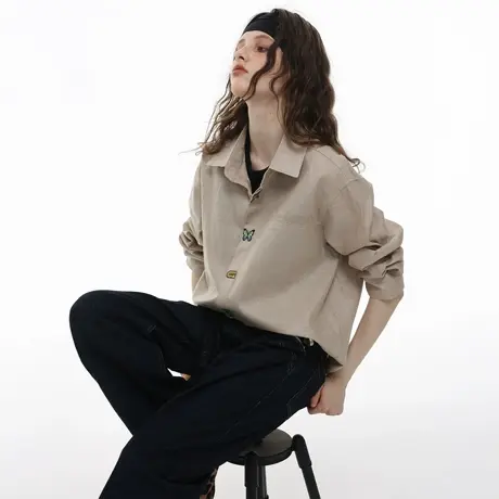美式复古门襟刺绣翻领长袖衬衫女秋季新款宽松百搭情侣休闲衬衣潮商品大图