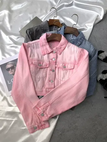 韩版粉色牛仔短外套女2023秋季新款显瘦百搭口袋polo领高腰夹克潮图片