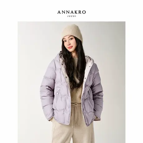 玖姿安娜蔻休闲连帽轻量短款棋盘格肌理鸭绒羽绒服女2025冬季新款商品大图