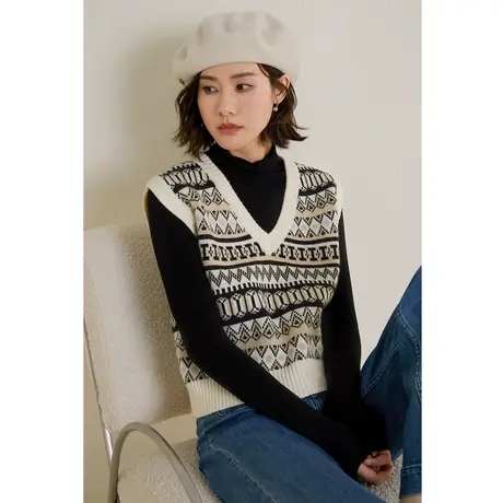 弥古民族风复古提花针织马甲女春秋外搭叠穿v领毛衣背心坎肩上衣图片
