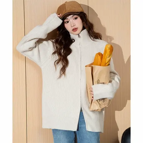 唐狮秋冬季女毛衣高级简约百搭拉链开衫女毛衣外套大翻领tu图片