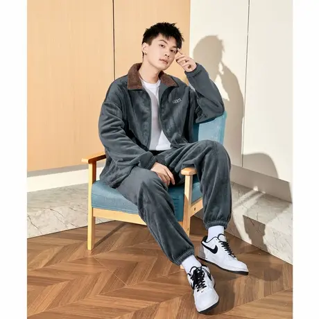 唐狮冬季新款时尚套装男加绒加厚保暖立领宽松休闲运动套装男TD图片