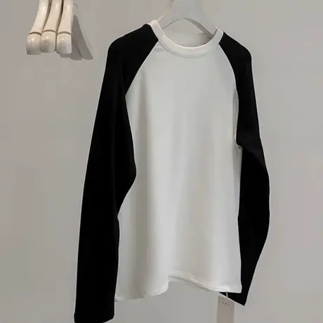 黑白撞色插肩长袖T恤女秋冬季宽松加绒加厚德绒磨毛内搭打底上衣商品大图