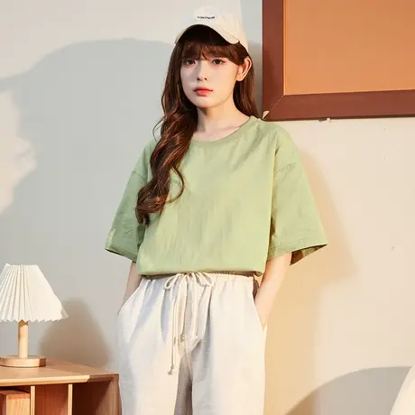 唐狮短袖T恤女圆领净色夏季休闲内搭打底短袖T恤男女同码体恤衫图片