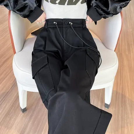 黑色美式工装裤女冬季2023年新款加绒加厚高腰宽松直筒运动休闲裤图片