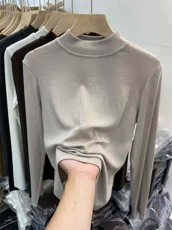 2023年新款半高圆领长袖T恤女洋气显瘦秋冬薄绒内搭打底衫ins上衣商品大图