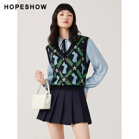 红袖outlets亮丝字母印花马甲hopeshow2023秋款针织衫背心上衣女商品大图